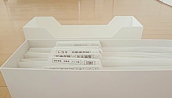 無印のファイルボックスにラベルつきファイル