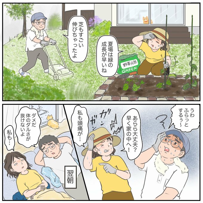 「8月下旬の日中の暑さが続くなか、夫と庭の手入れをしたところ、体に熱がこもった感じに。ふらふらとしてめまいのような症状や頭痛が続き、なかなか疲れが取れませんでした」(40代)