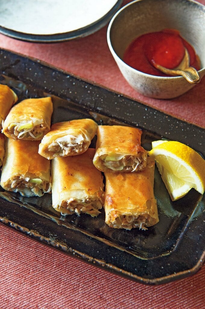 ツナと長ネギの焼き春巻き