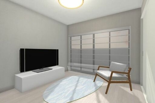 リビングにテレビボード、ラグ、一人掛けソファを単純に設置