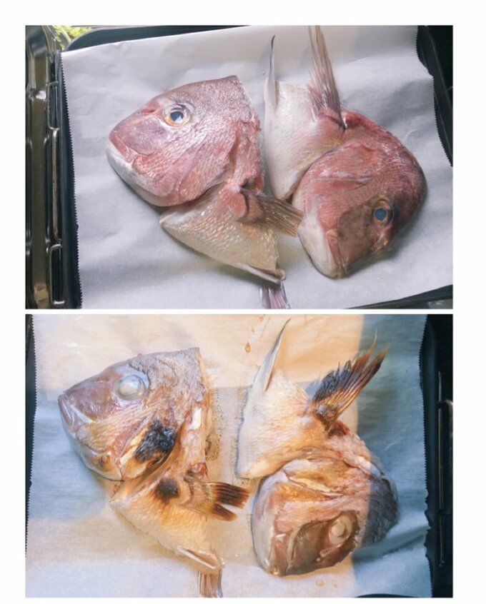 鯛の頭を焼く前と焼いた後