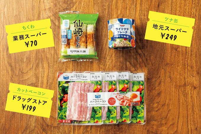 ちくわ、ツナ缶、カットベーコンの価格