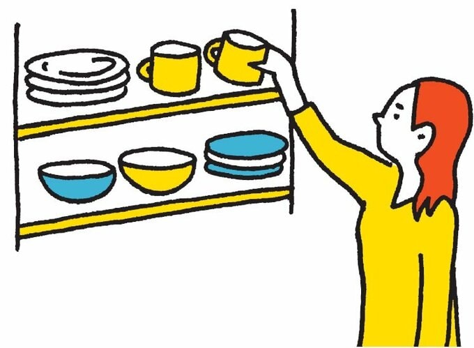 女性が食器棚のコップを手に取るイラスト