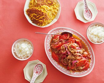 牛肉とトマトの中華風マリネ献立。火のとおりが早いから即完成！