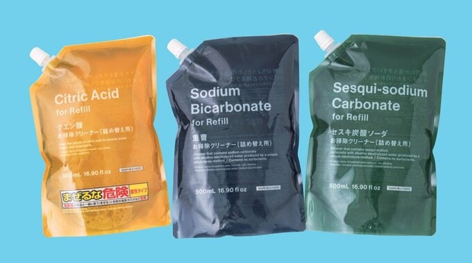〈左から〉クエン酸 お掃除クリーナー、重曹 お掃除クリーナー 、セスキ炭酸ソーダ お掃除クリーナー