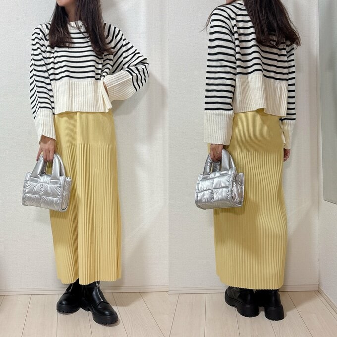 coca　裏起毛ランダムリブロングスカート　コーデ