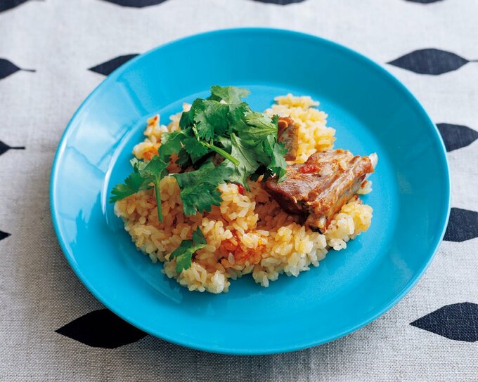 青いお皿にリゾット