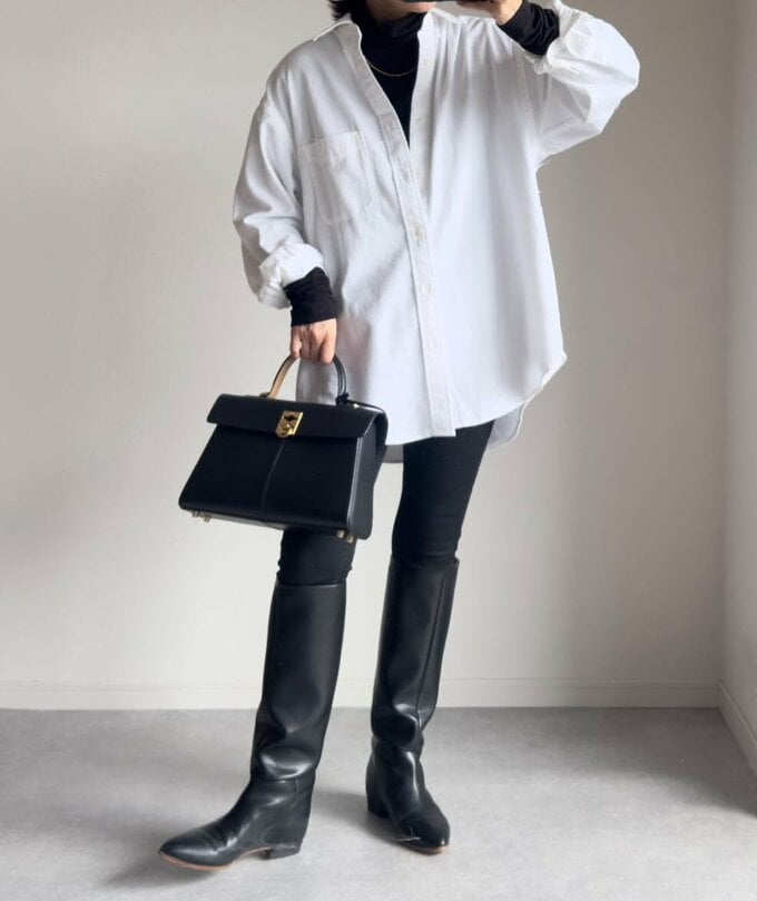 GUのツイルオーバーサイズシャツ着まわし1