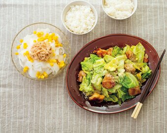 鶏とキャベツのみそチーズ炒め。野菜たっぷり食べたい日の献立に