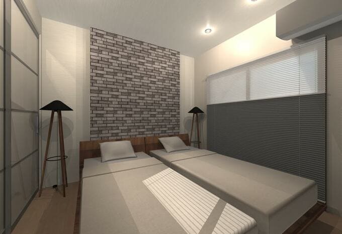 寝室の窓側にプリーツスクリーンのツインスタイルを設置