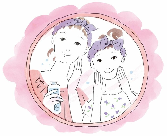 親子でスキンケアをするイラスト