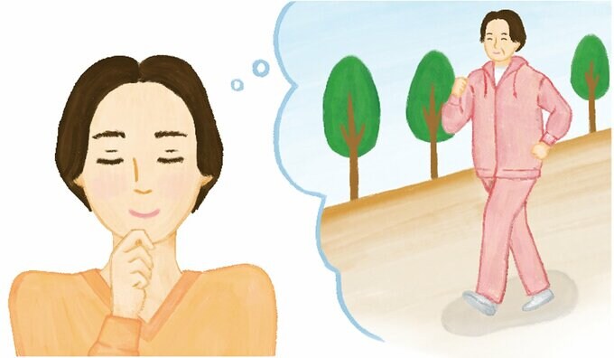 元気にウォーキングをする自分の姿を想像する女性のイラスト