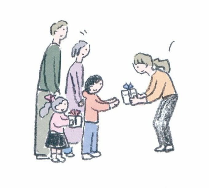 家族が贈り物しているイラスト