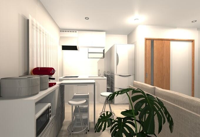 書斎コーナー側から見た、スッキリしたダイニングキッチン