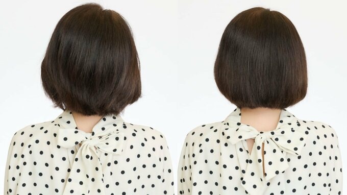 (左)Before(右)After 毛先ががするっとまとまると、髪がつややかに見える効果も!