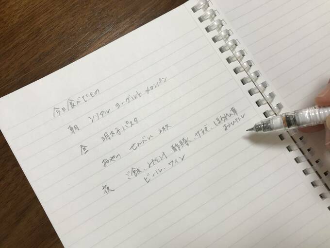 ノートに食事を書く様子