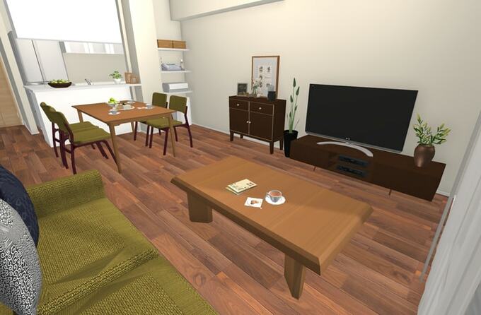 LDに絵や観葉植物などのインテリアをプラスし、リビング側から見る