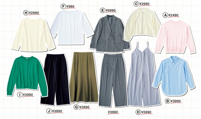 カットソー類や羽織、ボトムス類