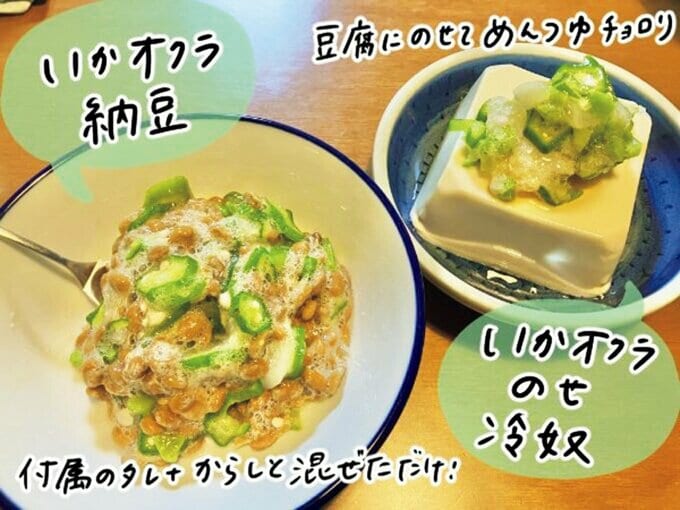 器に盛られたいかオクラ納豆といかオクラのせ冷奴