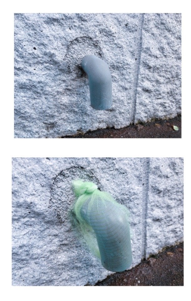 排水ホースの入り口をキッチンで使う水きり袋でカバー