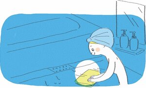 体をふいたタオルで浴室の床や壁をふく