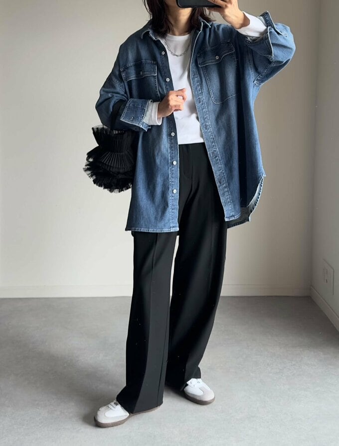 GU「タックワイドパンツ」×サンバコーデ2