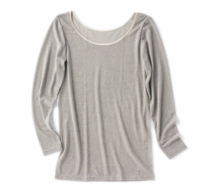 加茂繊維 着る岩盤浴 BS-FINE ボーダー8分袖シャツ グレー