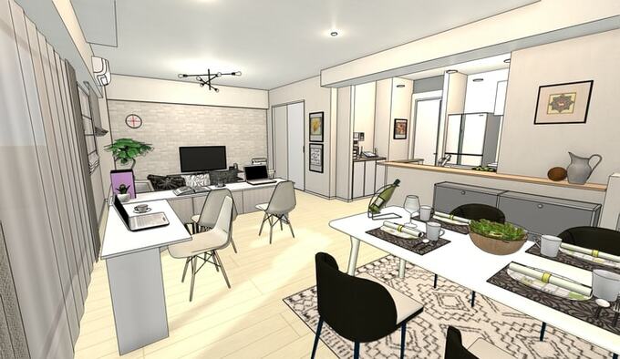 窓からの自然光が心地よいテレワークスペースと、リビングダイニングの家具配置