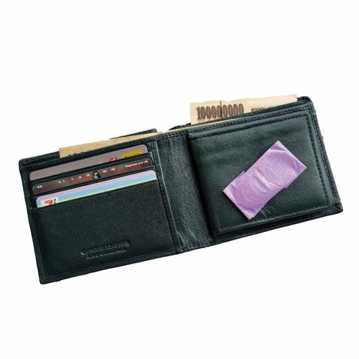 お札を折ってつくった1億円札とカードが入った二つ折り財布