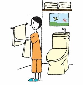 一日のはじめにトイレのタオルを交換する