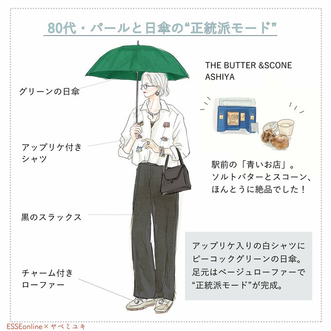 80代「パールと日傘、清涼感をまとう“正統派モード”」