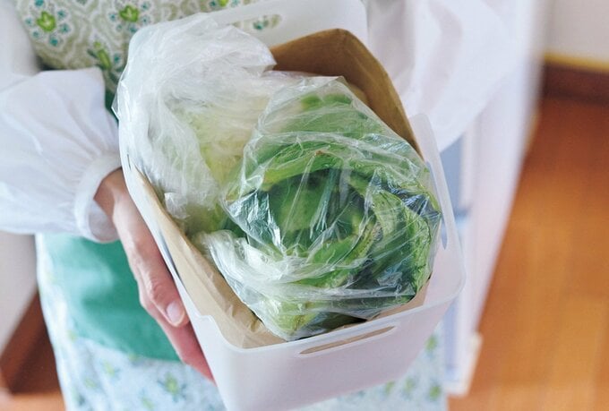 ビニール袋に入った野菜が収納されたボックス