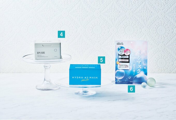 【画像左】バイユア グローブースト マルチV デイリーマスク 20枚入（Hamee）／【画像中】ルルルン ハイドラ AZ マスク 28枚入　￥2420（Dr.ルルルン）／【画像右】サナ なめらか本舗 薬用リンクルエッセンスマスク ホワイト〈医薬部外品〉 7枚入（常盤薬品工業）