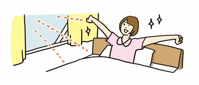 カーテンを少しあけて、太陽の光や自然の音で起きる