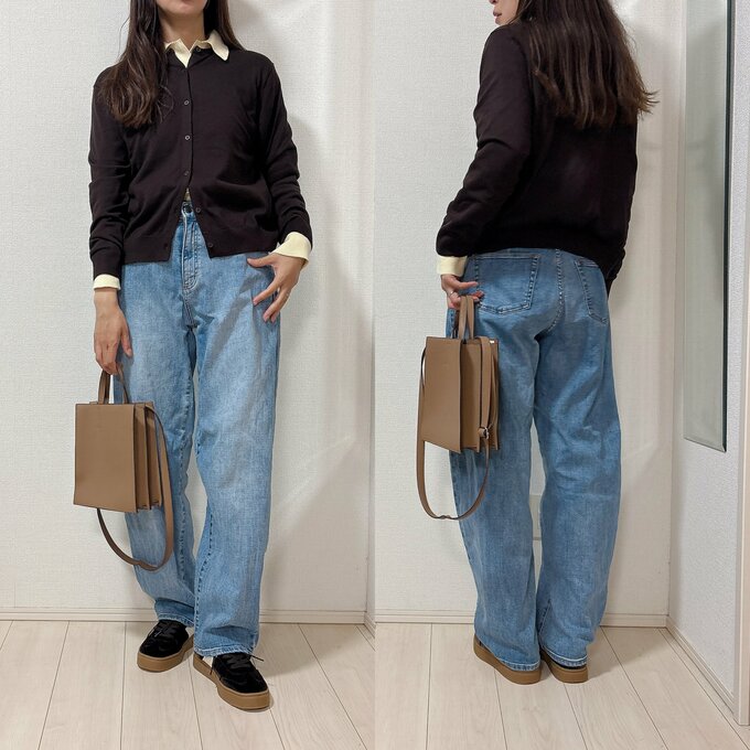 ユニクロ　UVカットクルーネックカーディガン　ポロニットコーデ