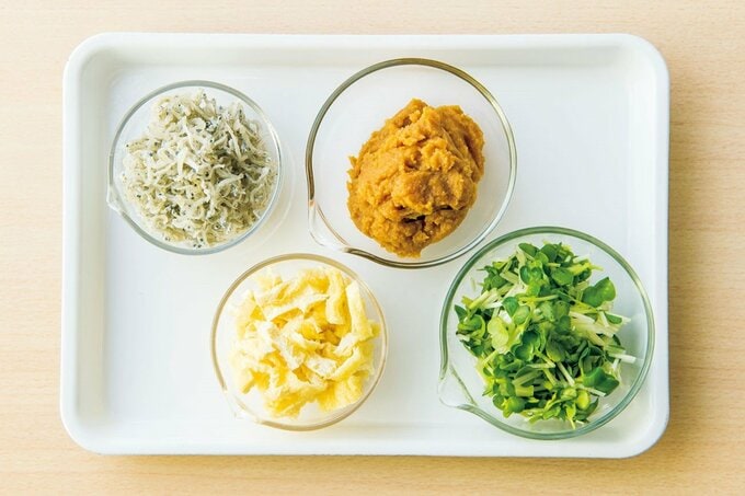 ジャコ、カイワレ、油揚げのみそ玉