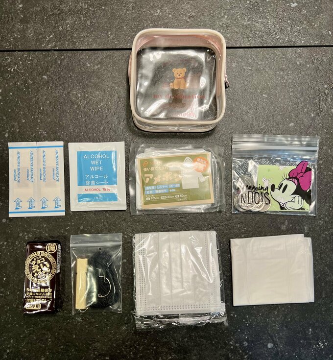 仕事のバッグに常備している、外出先での災害時用のゼロ時備えポーチ。ばんそうこうや笛、小銭など