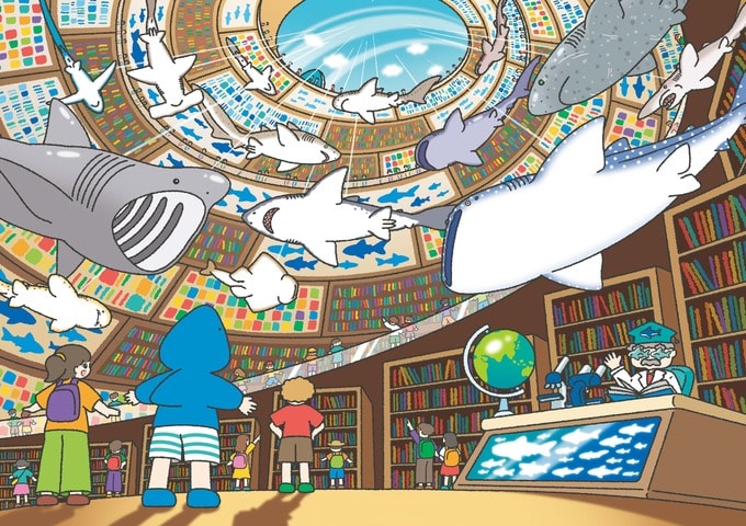 サメと図書館風イラスト