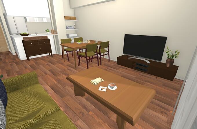 LDのダイニングテーブルを壁付けにして、チェストをカウンターのデッドスペースに移動