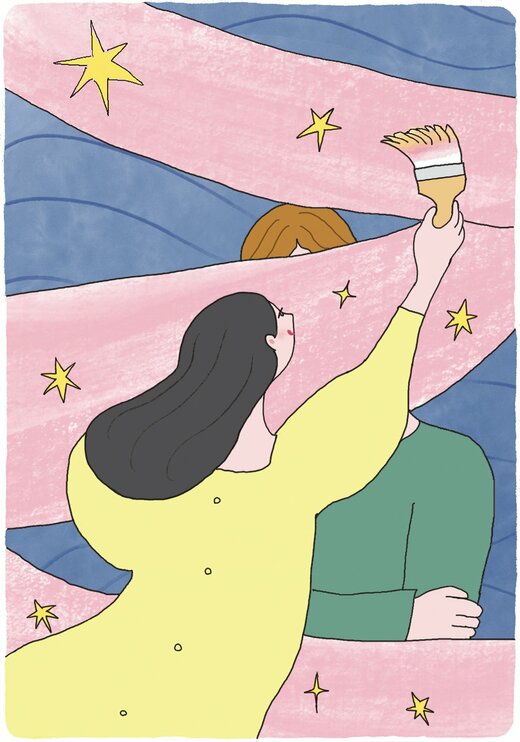 刷毛で人を塗りつぶす女性のイラスト