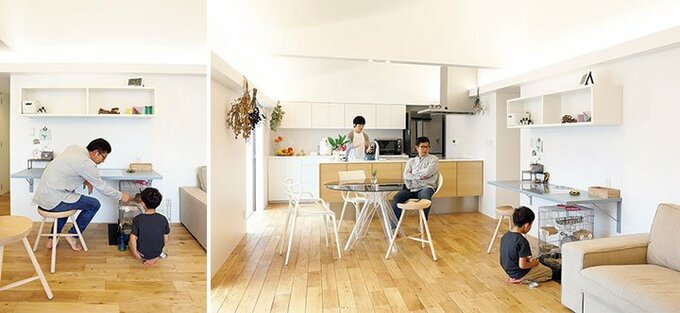 LDKのキッチン近くの壁際に造り付けのデスクを設置