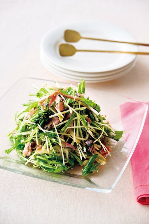 薬味たっぷりアジとミズナのサラダ