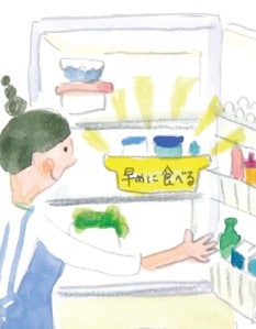 冷蔵庫にトレーを置き「早めに食べるコーナー」をつくる