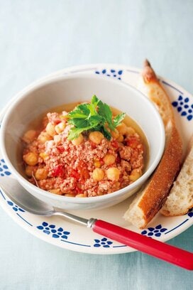 豚ひき肉とヒヨコ豆のトマト煮。栄養満点レンチンで手軽に