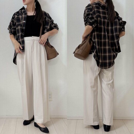 シンプルコーデにチェックシャツを羽織る