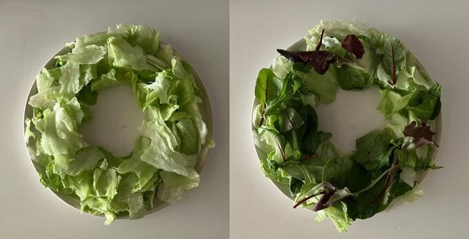 左：玉レタスだけの場合／右：玉レタスにベビーリーフをオン