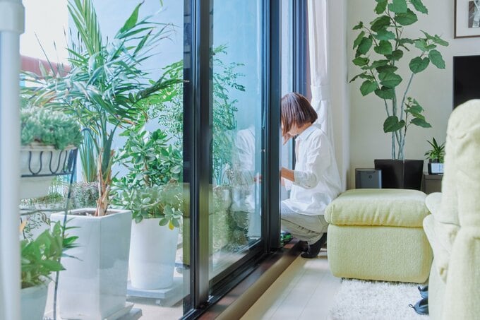 庭の植物を愛でる女性