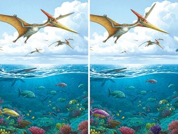 ＜恐竜間違いさがし＞空から海の魚を狙うプテラノドン、どこが違う？2つの絵から見つける10個の間違い