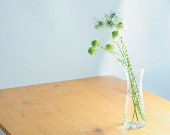 形のかわいいカラフェに 花やグリーンをいけて