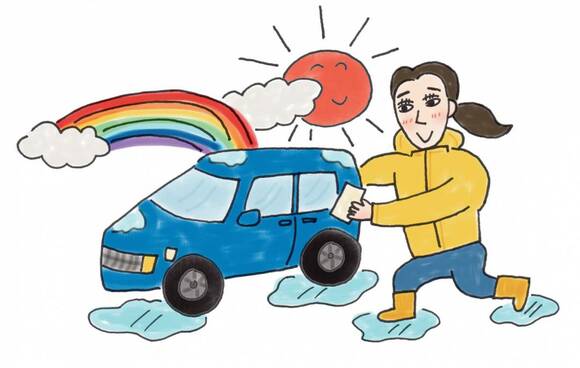 雨上がりに洗車する女性のイラスト